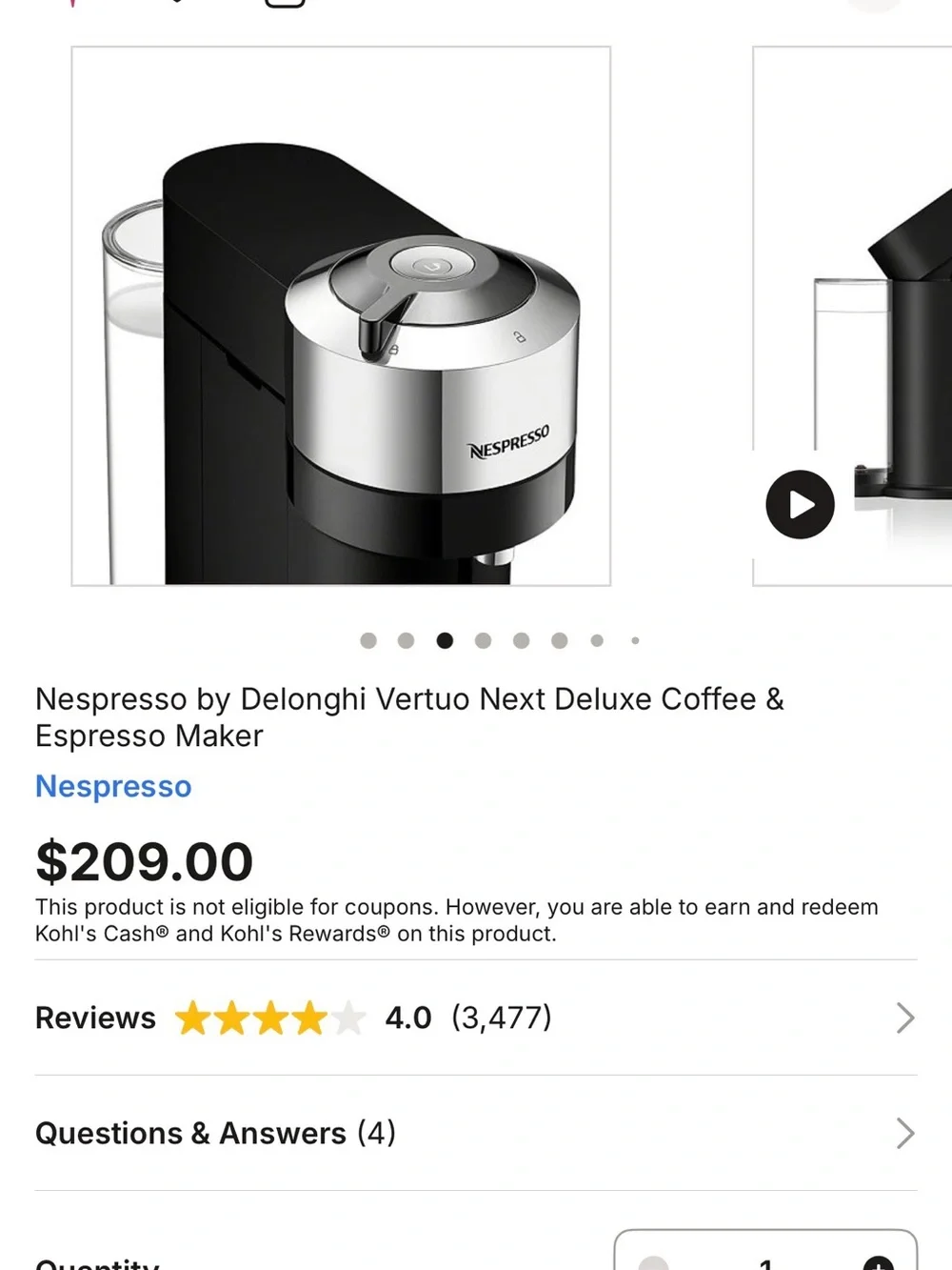 Nespresso Vertuo Next Deluxe Coffee & Espresso Maker - Black and Silver